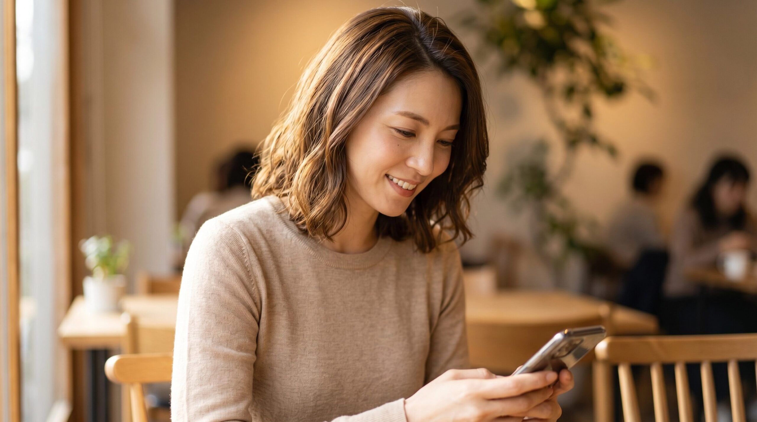 カフェでスマートフォンを見ながらリサーチする中西ゆいのスナップ写真