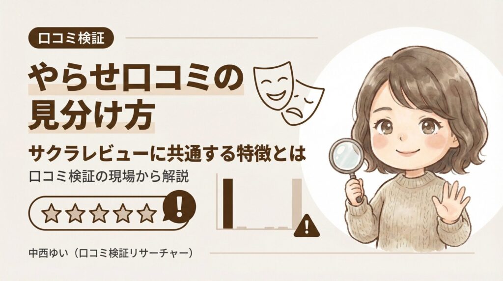 やらせ口コミ・サクラレビューの特徴と見分け方を解説するインフォグラフィック｜口コミ検証の現場から