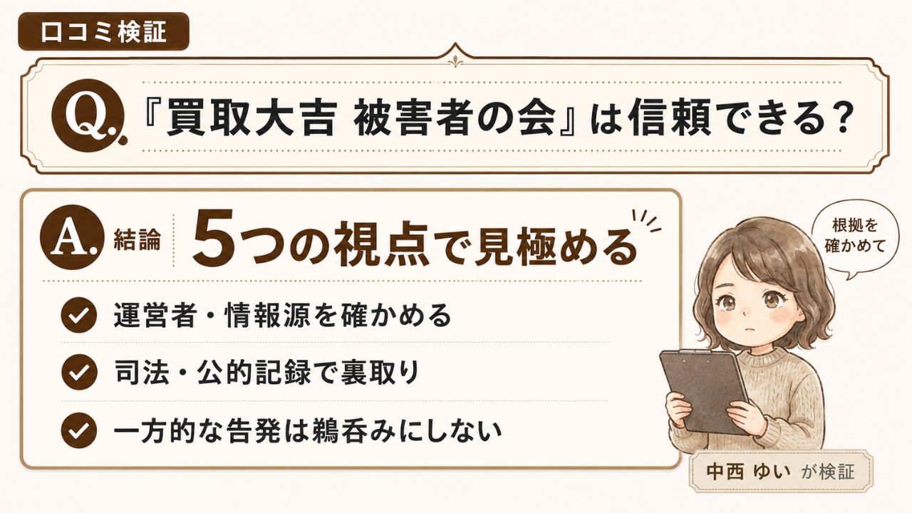 口コミ検証|「買取大吉 被害者の会」は信頼できる?告発サイトを5つの視点で見極める方法を解説する検証インフォグラフィック