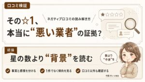 口コミ検証｜ネガティブ口コミ＝悪い業者？☆1レビューの背景を5つのパターンから読み解く方法を解説する検証インフォグラフィック